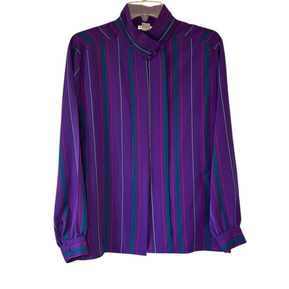 Vintage Purple High Neck Blouse Striped Sz Large - Picture 1 of 8